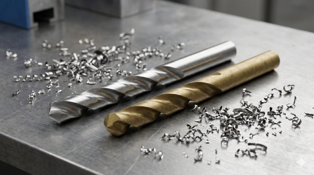 HSS and cobalt drill bits with metal shavings