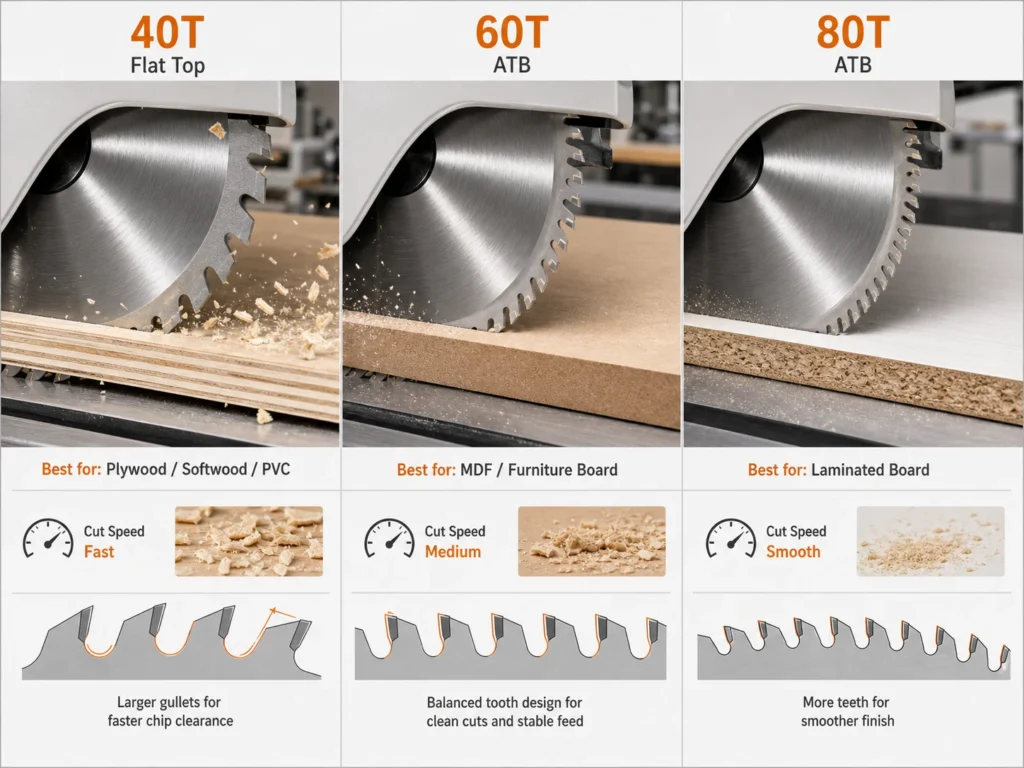 Application guide comparing 40T 60T and 80T saw blades for plywood softwood PVC MDF and lamination board