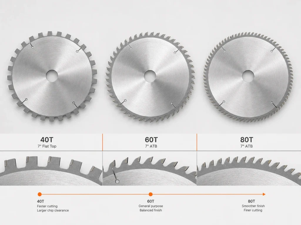 More teeth saw blade higher MOQ tooth pitch comparison for 40T 60T and 80T circular saw blades