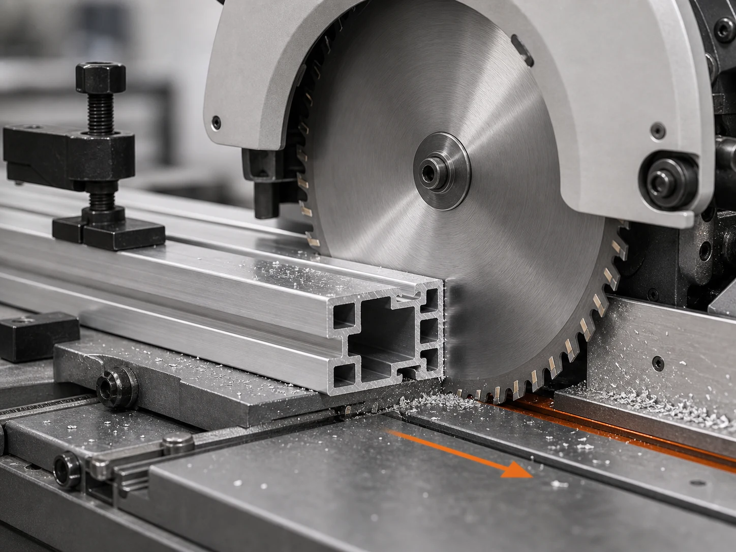Circular saw blade cutting aluminum profile with clean chips stable clamping and smooth cut surface