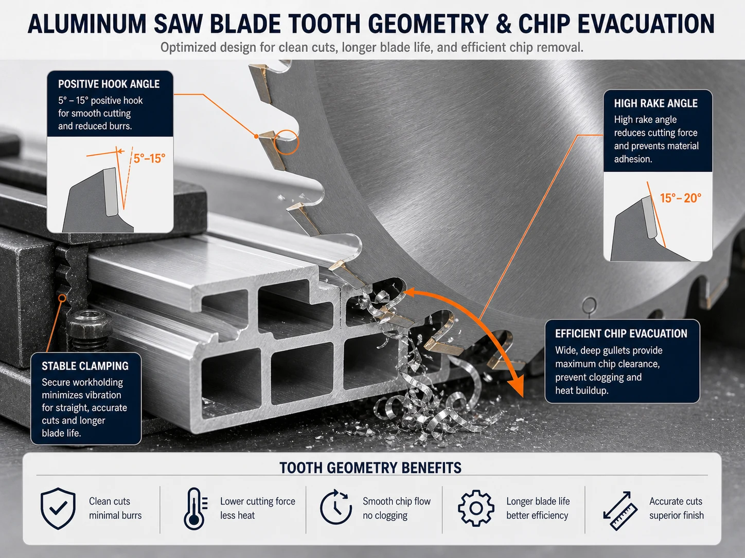 Aluminum saw blade tooth geometry and chip evacuation guide with carbide teeth cutting aluminum profile