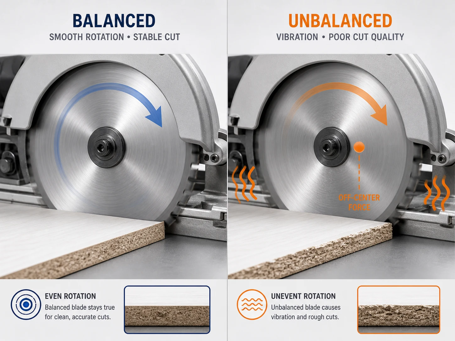 Balanced versus unbalanced circular saw blade rotation comparison showing stable cutting and vibration risk