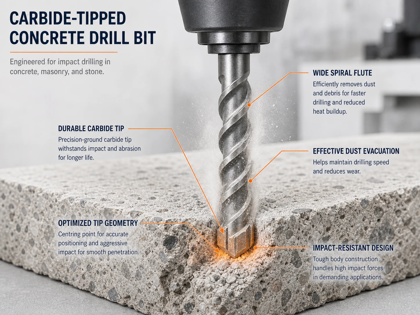 Carbide tipped concrete drill bit close up drilling into concrete with dust evacuation