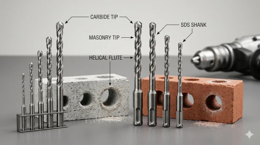 Concrete drill bits and SDS bits beside concrete block brick sample and drilled holes