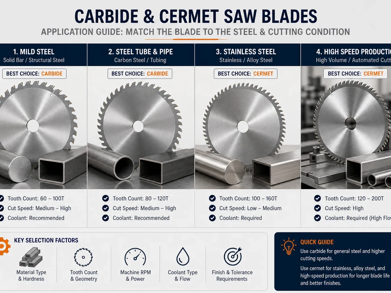 Carbide and cermet saw blade application guide for mild steel solid bar steel tube stainless steel and high speed production