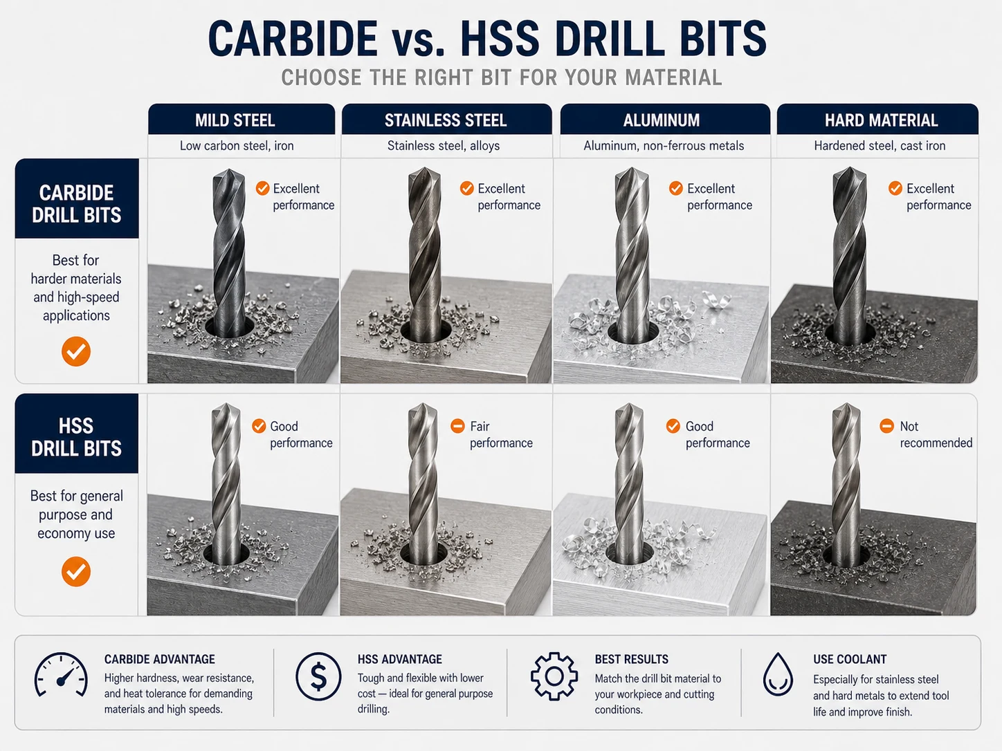 Carbide and HSS drill bit application comparison for mild steel stainless steel aluminum and hard material