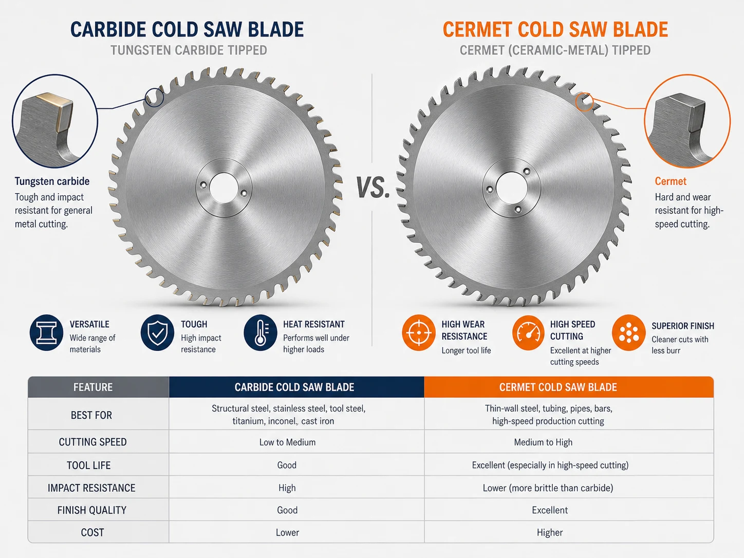 Carbide cold saw blade versus cermet cold saw blade comparison for metal cutting
