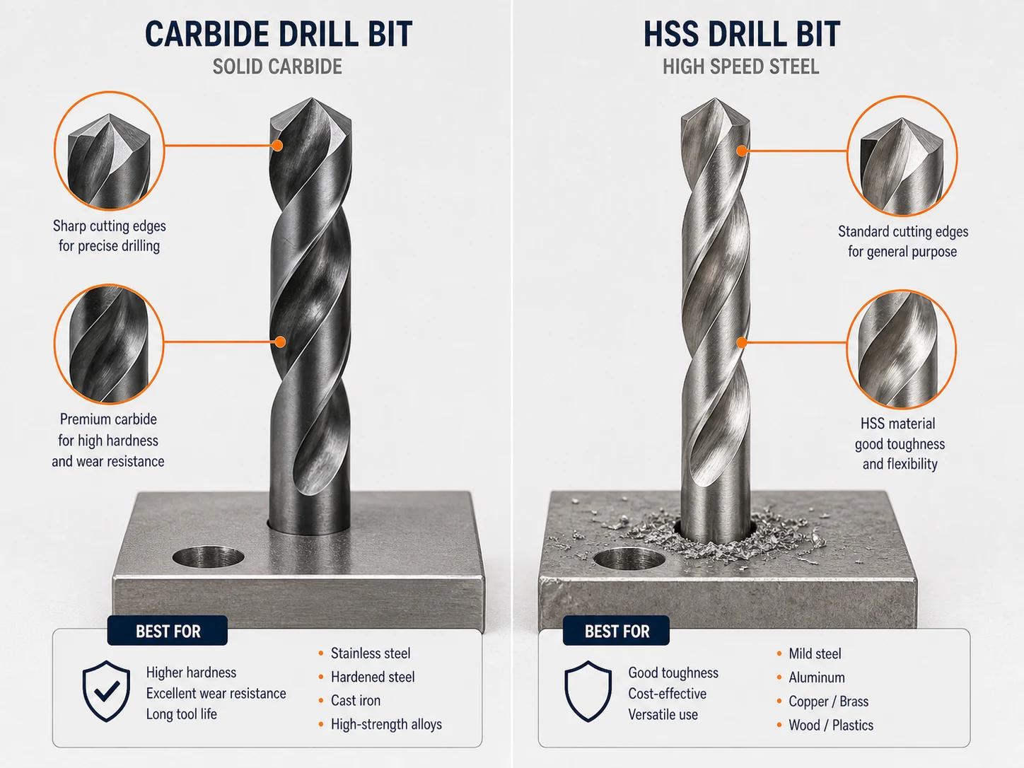 Carbide drill bit versus HSS drill bit comparison with cutting edge detail and metal sample