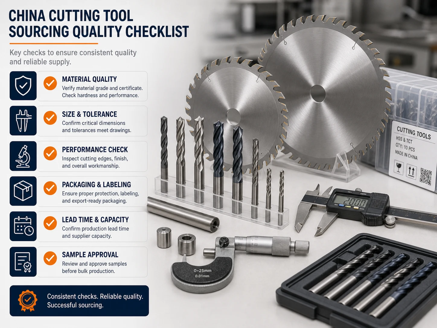 China cutting tools quality checklist with drill bits saw blades material size tolerance packaging lead time and sample approval