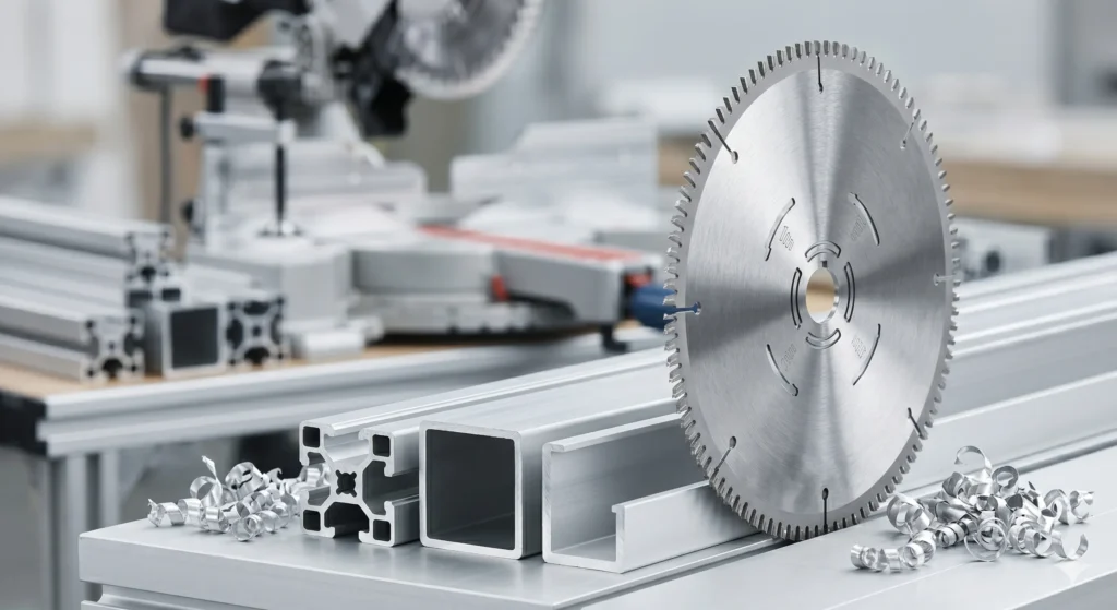 Fine tooth TCT circular saw blade with aluminum extrusion profiles and aluminum chips