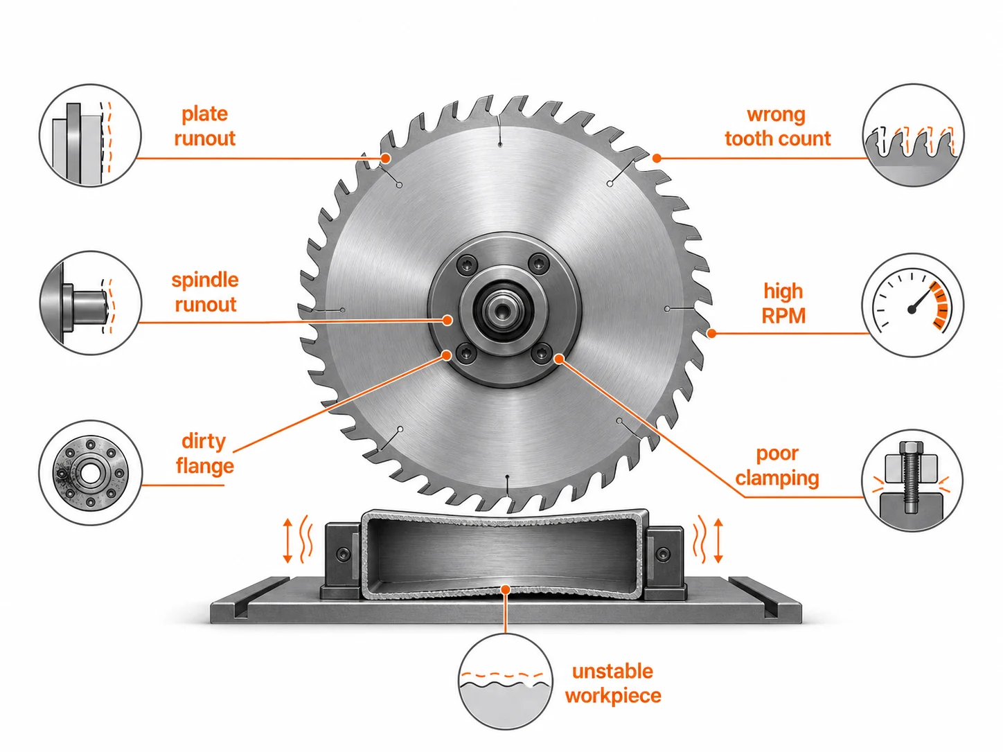 Technical diagram showing saw blade vibration sources including plate runout spindle runout dirty flange poor clamping wrong tooth count high RPM and unstable workpiece
