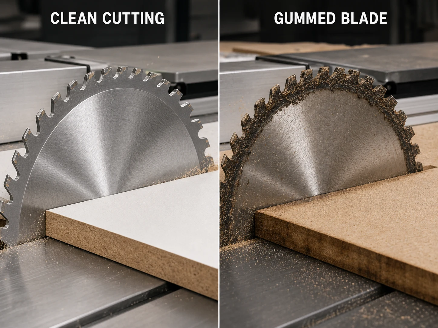 Clean saw blade cutting comparison against gummed saw blade with resin buildup burn marks and poor chip evacuation