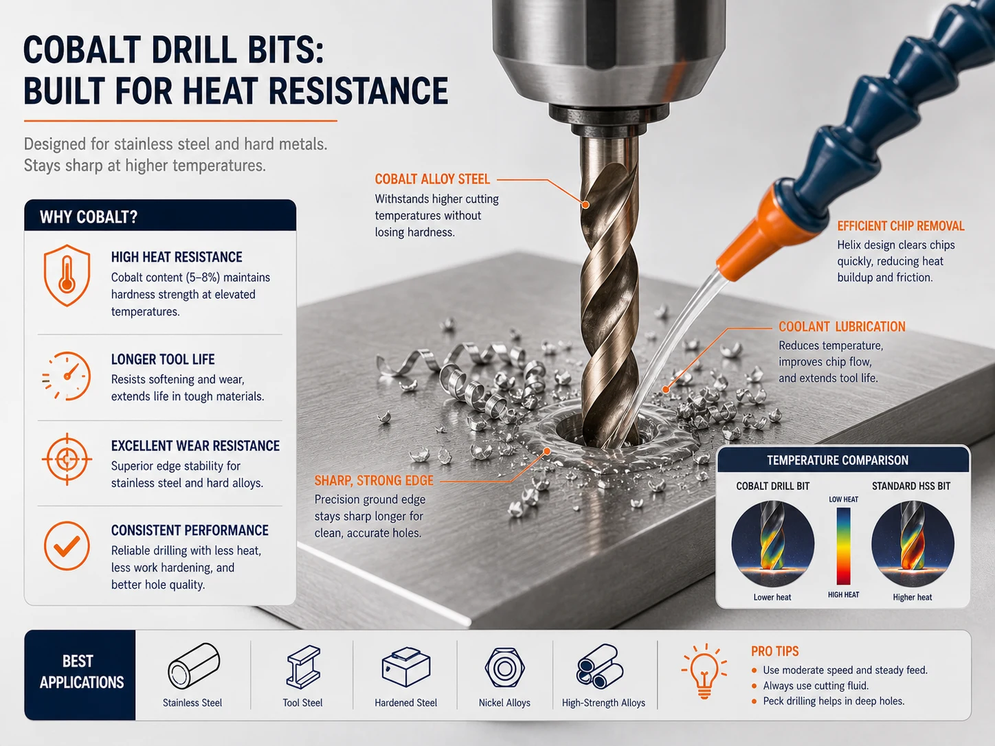 Cobalt drill bit heat resistance guide for stainless steel and hard metals with chip formation and lubrication