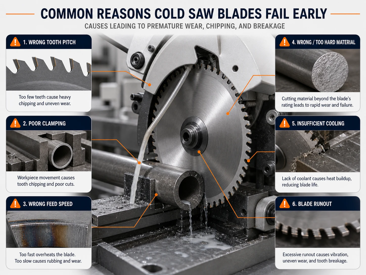 Cold saw blade early failure causes including wrong tooth pitch clamping feed speed hard material cooling and runout