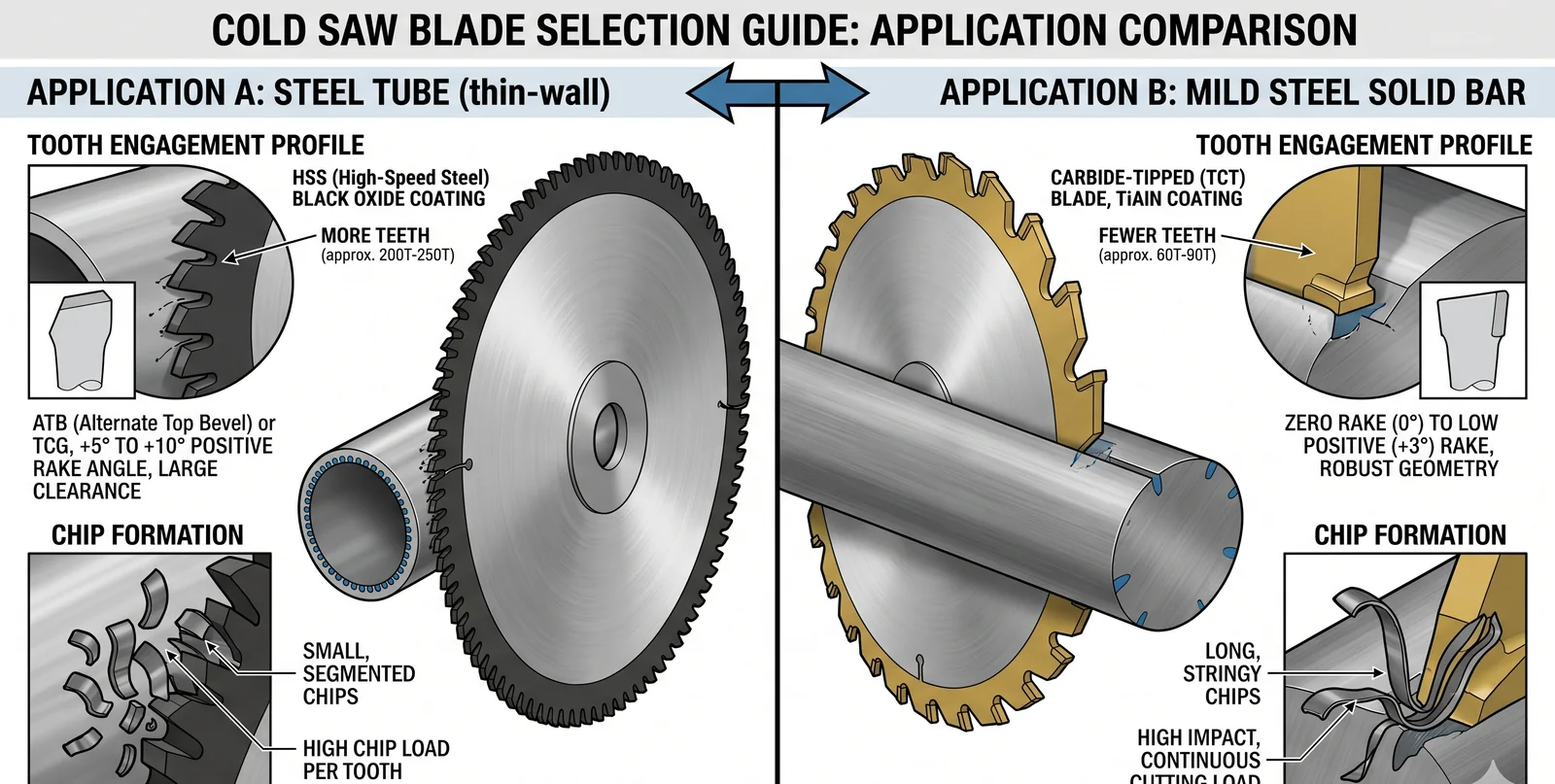 Cold saw blade selection comparison for steel tube cutting and mild steel solid bar cutting