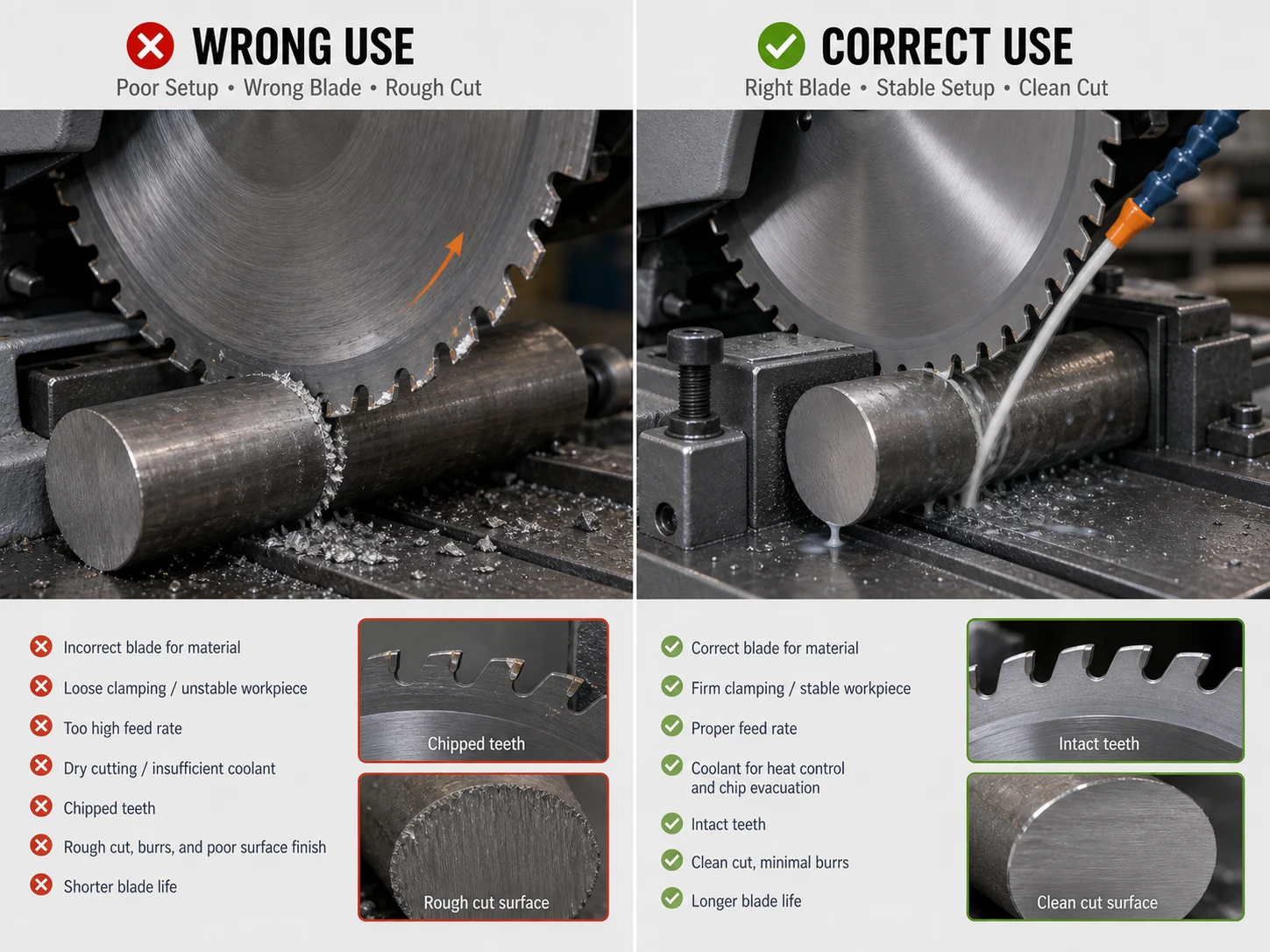Wrong cold saw blade use versus correct stable clamping feed and clean cut comparison
