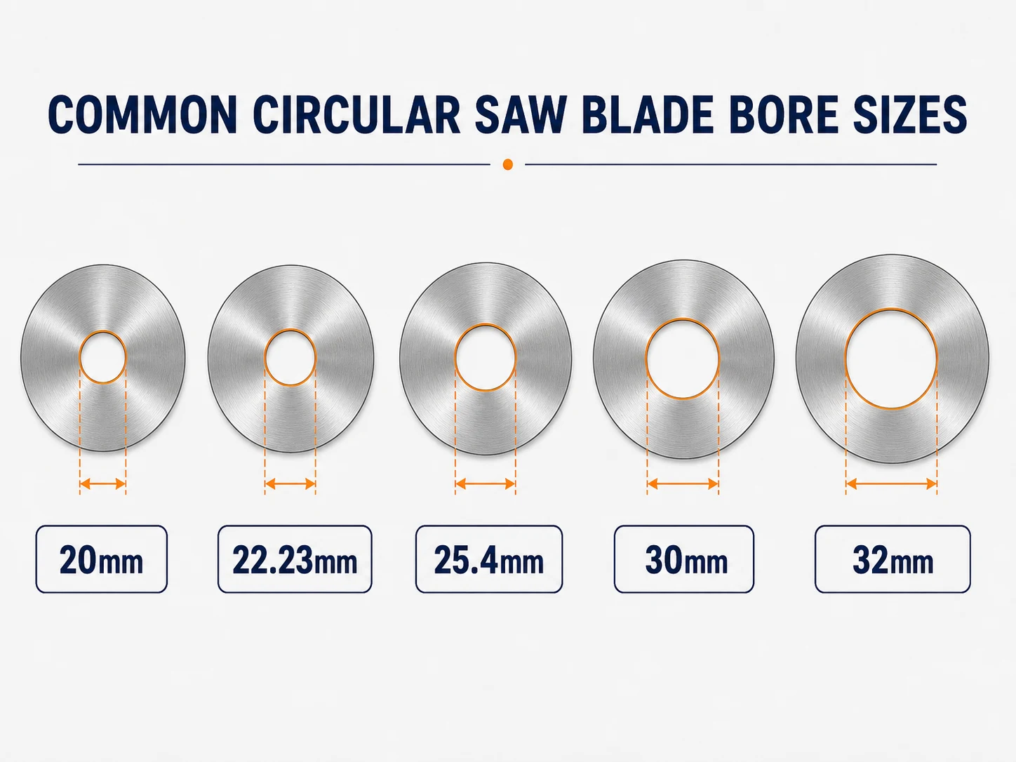 Common circular saw blade bore sizes including 20mm 22.23mm 25.4mm 30mm and 32mm
