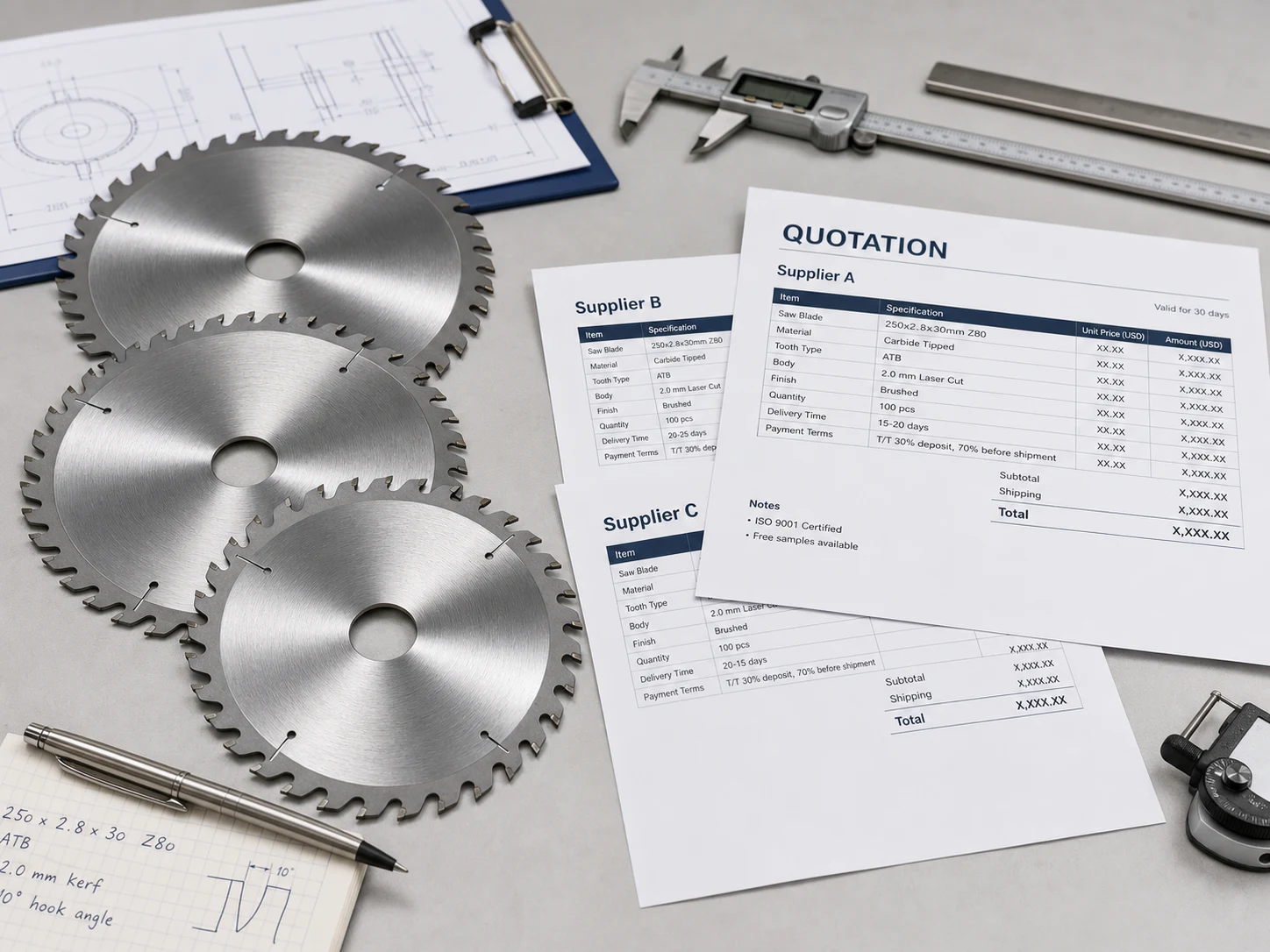 Compare saw blade quotations from different suppliers with circular saw blades and quotation sheets