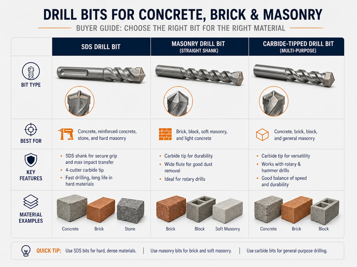 Concrete brick and masonry drill bit selection guide with SDS bit masonry bit and samples