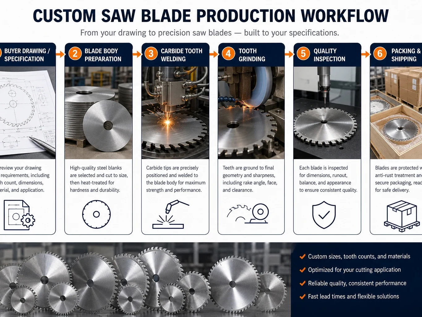 Custom saw blade production workflow from buyer drawing to blade body welding grinding inspection and packing