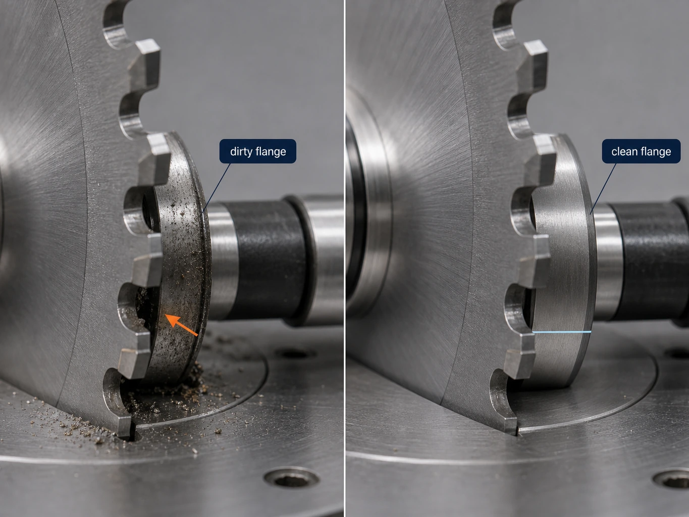 Dirty flange versus clean flange saw blade mounting comparison