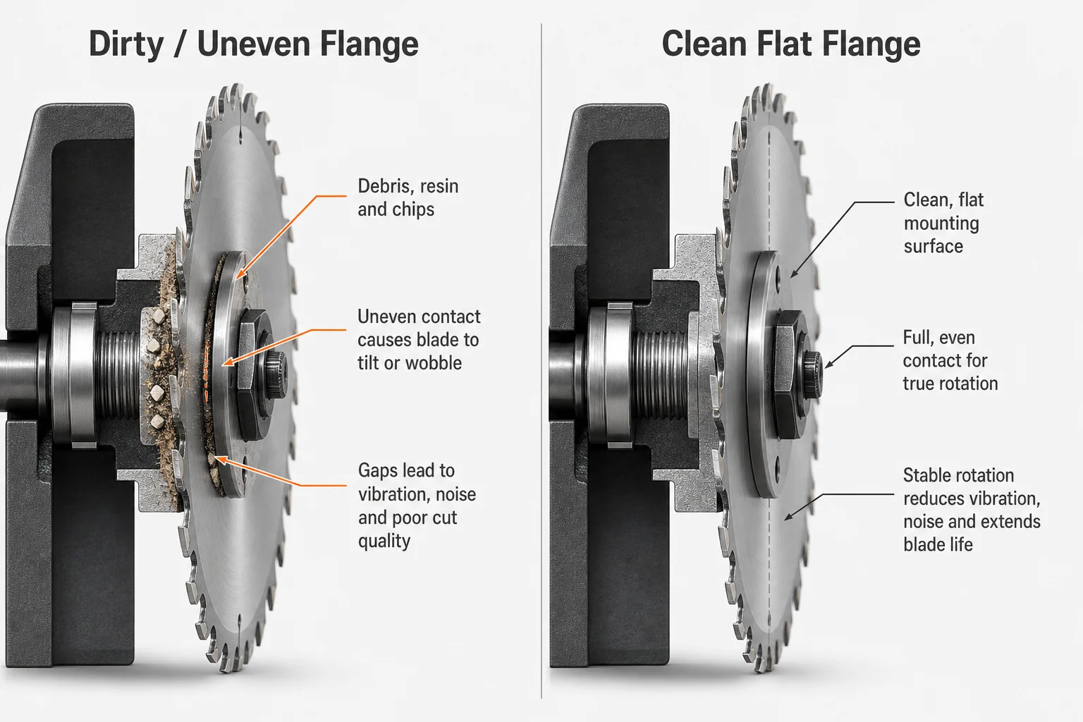 Side by side comparison of dirty uneven flange and clean flat flange for circular saw blade mounting