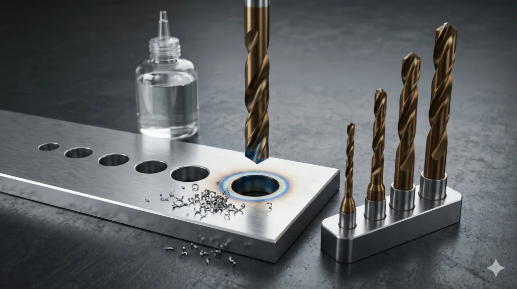 Cobalt style drill bits with stainless steel plate drilled holes and cutting fluid