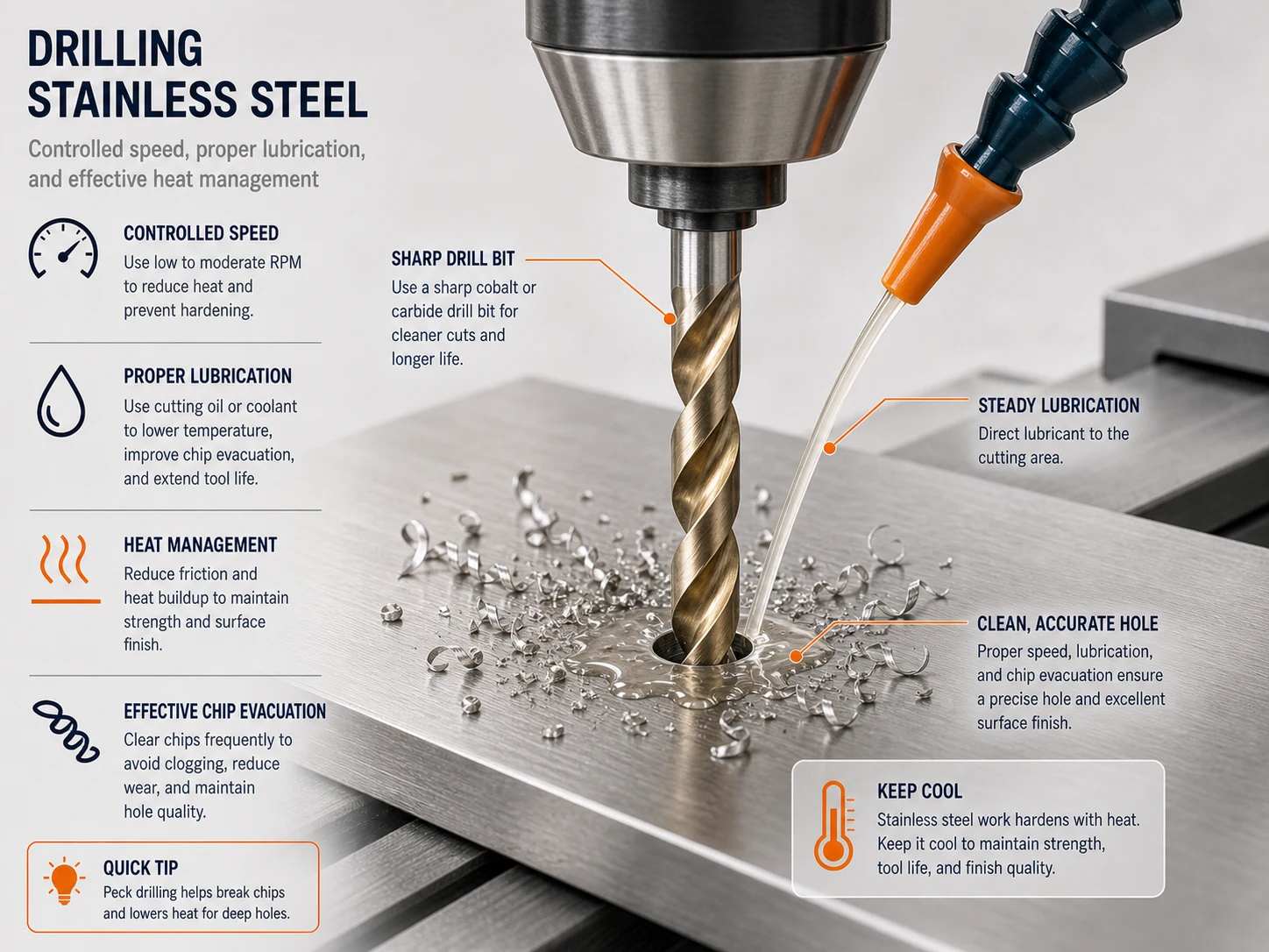 Drill bit drilling stainless steel with controlled speed lubrication metal chips and clean hole