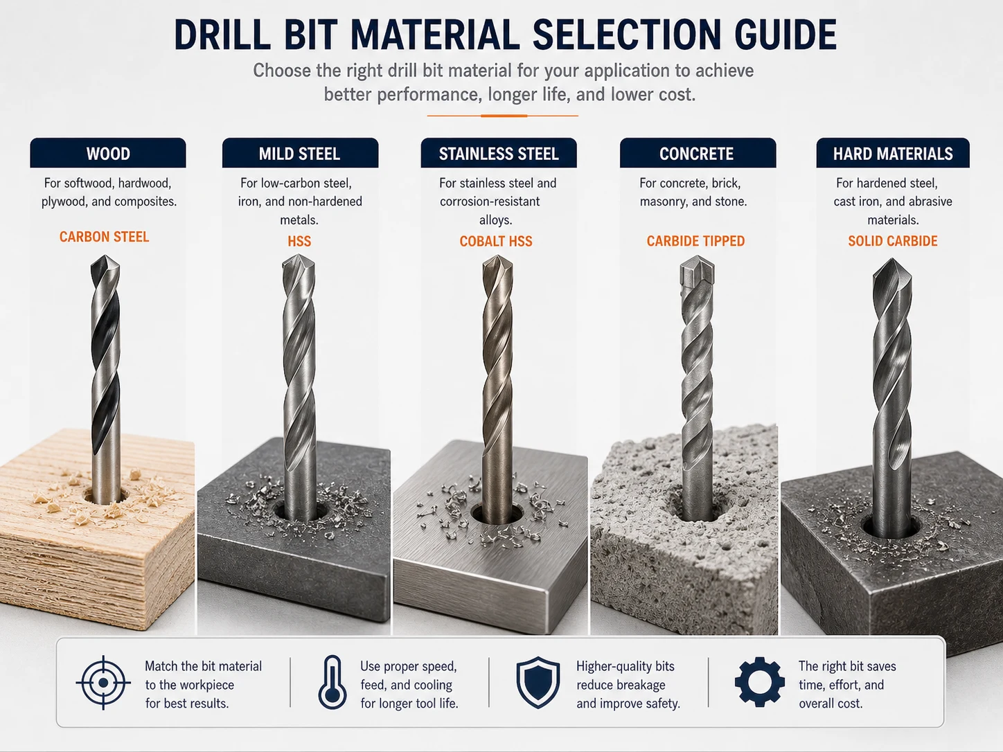Drill bit material application guide for wood mild steel stainless steel concrete and hard materials