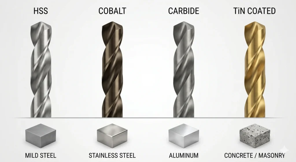 Drill bit material selection guide comparing HSS cobalt carbide and TiN coated drill bits for different materials