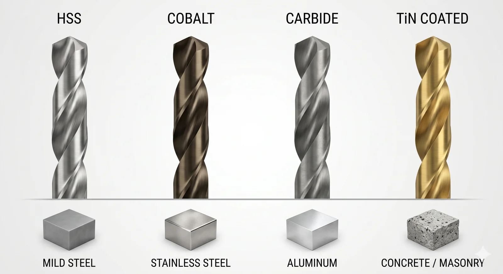 Drill bit material selection guide comparing HSS cobalt carbide and TiN coated drill bits for different materials