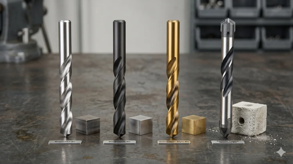 Different drill bit materials including HSS cobalt coated and carbide tipped drill bits