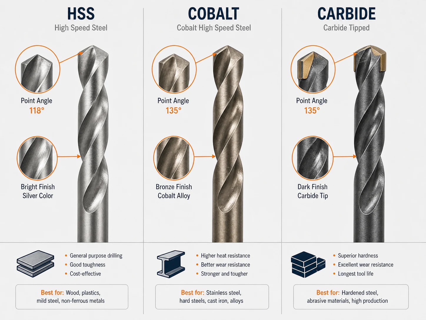 HSS cobalt and carbide drill bit material comparison with cutting edge and metal texture differences