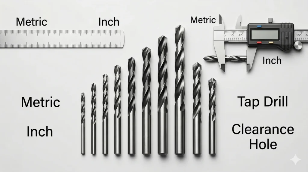 Drill bit size chart cover showing metric and inch drill bits with caliper and measurement ruler