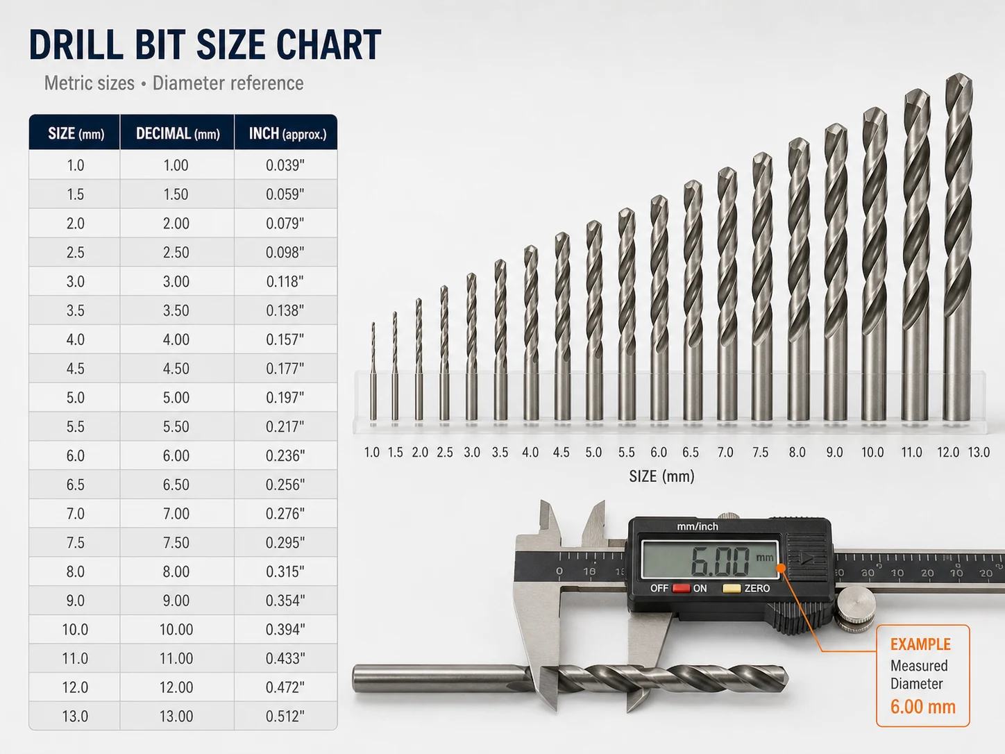 Drill bits arranged by size with caliper and drill bit size chart reading guide