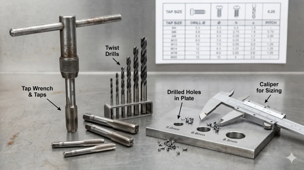 Tap hole drill bit sizing with metric taps twist drill bits metal plate and caliper