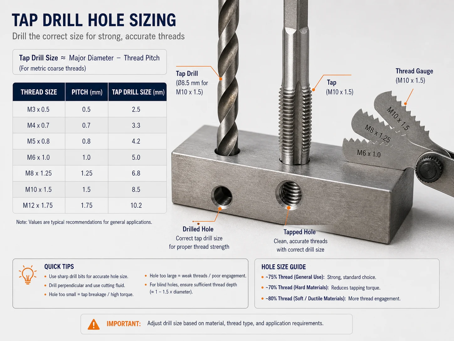 Tap drill hole size guide with drill bit tap metal workpiece drilled hole and thread gauge