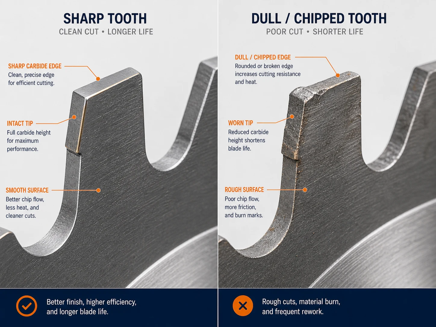 Sharp carbide saw blade tooth versus dull or chipped tooth cutting edge comparison