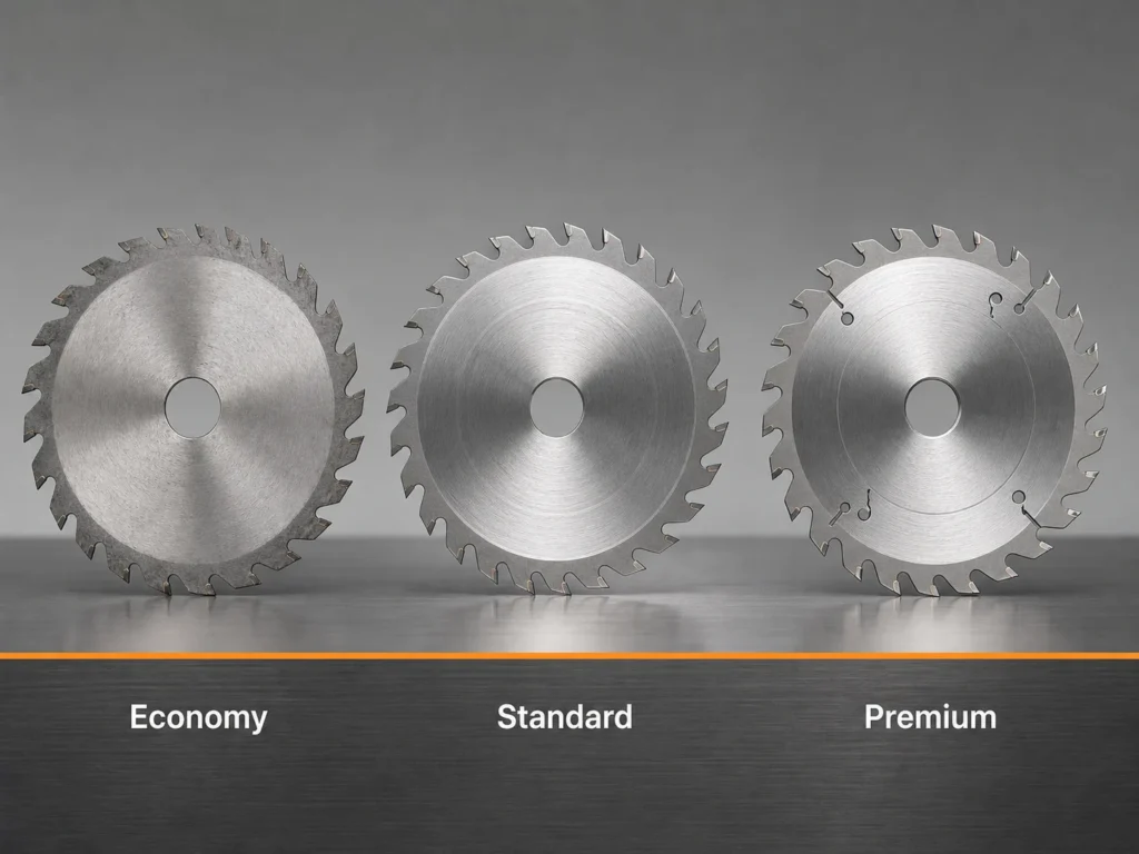 Three circular saw blades showing economy standard and premium quality levels