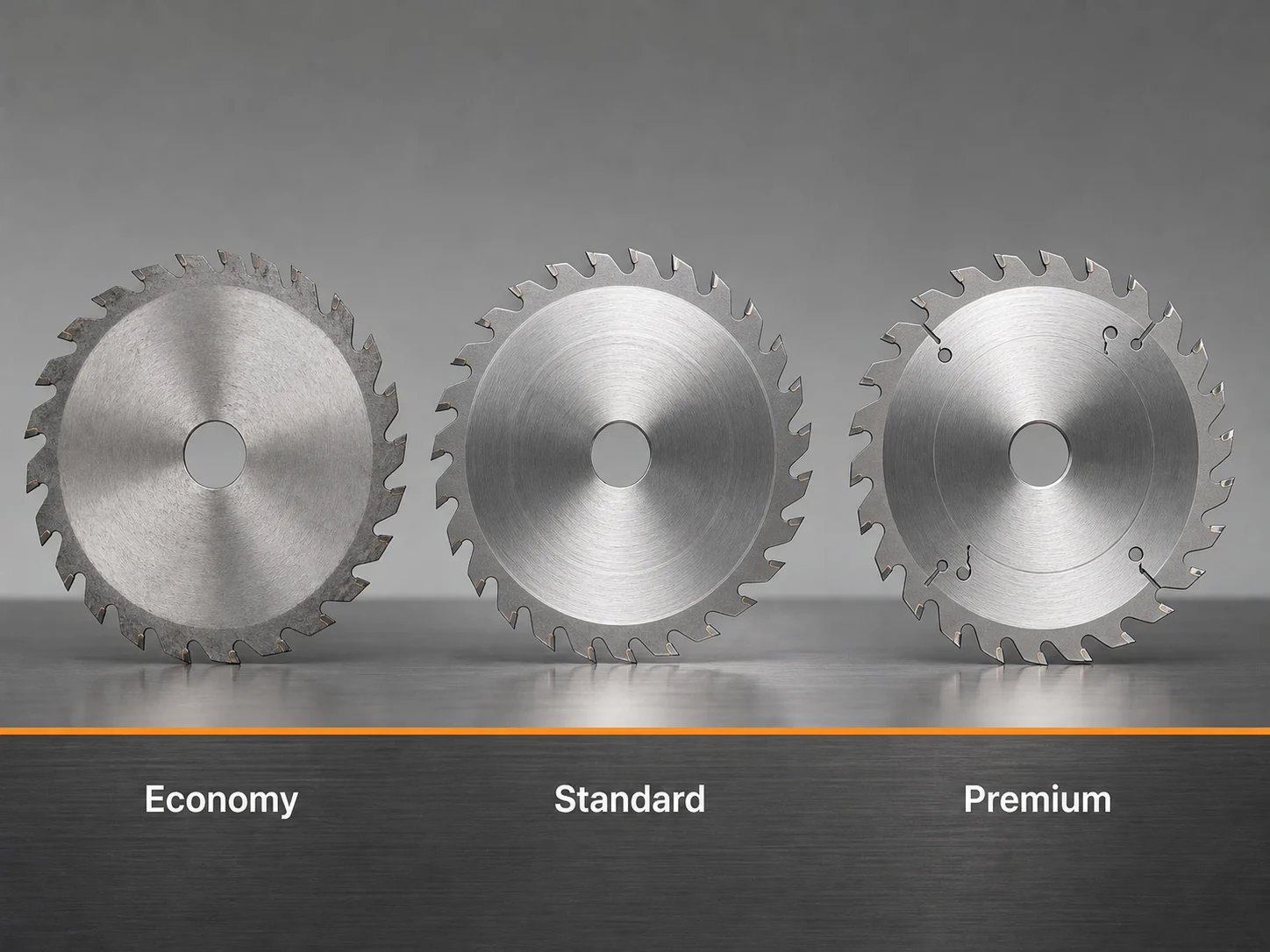 Three circular saw blades showing economy standard and premium quality levels