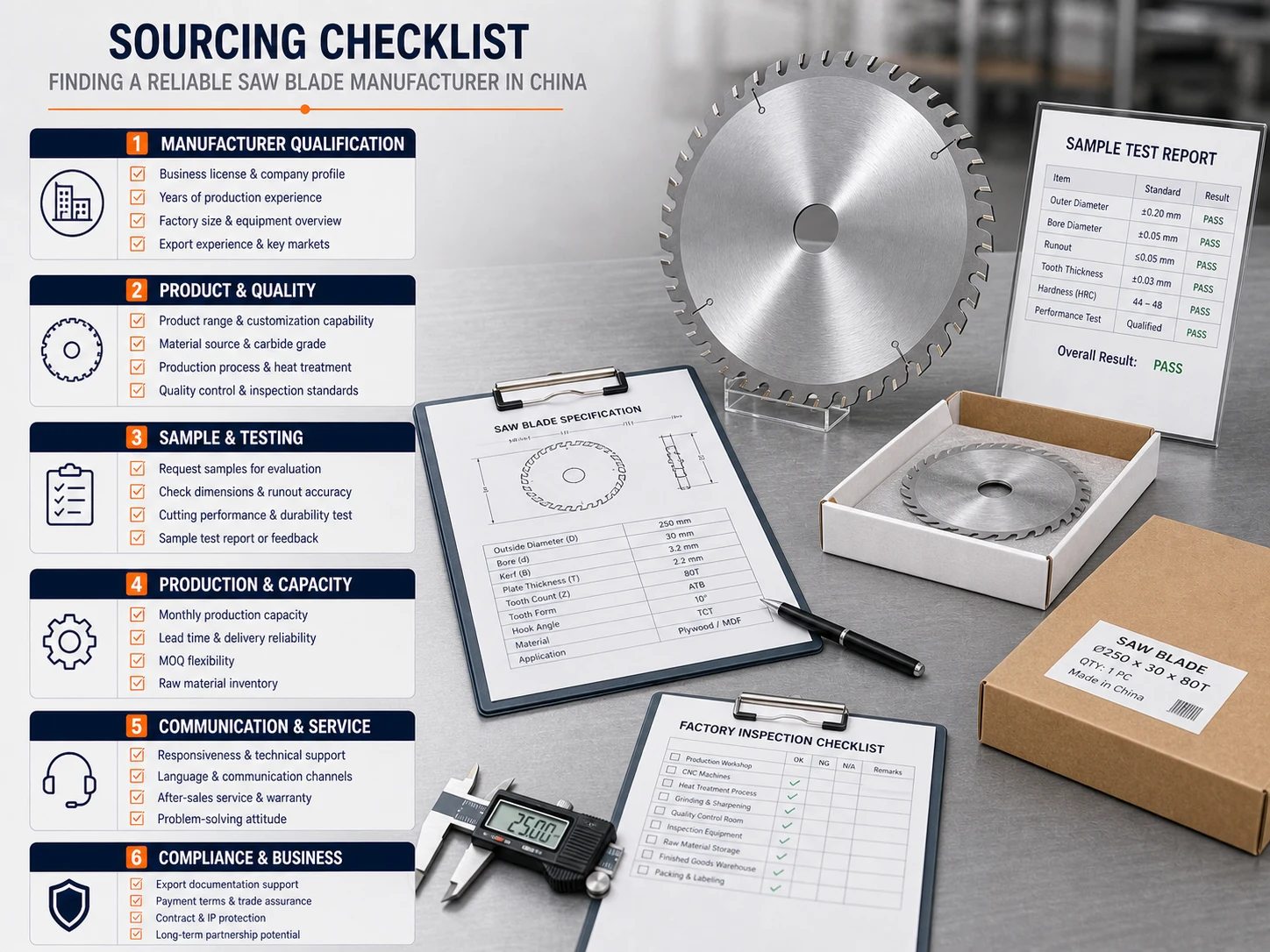 Saw blade manufacturer China sourcing checklist with blades specification sheet sample test report packaging and factory inspection