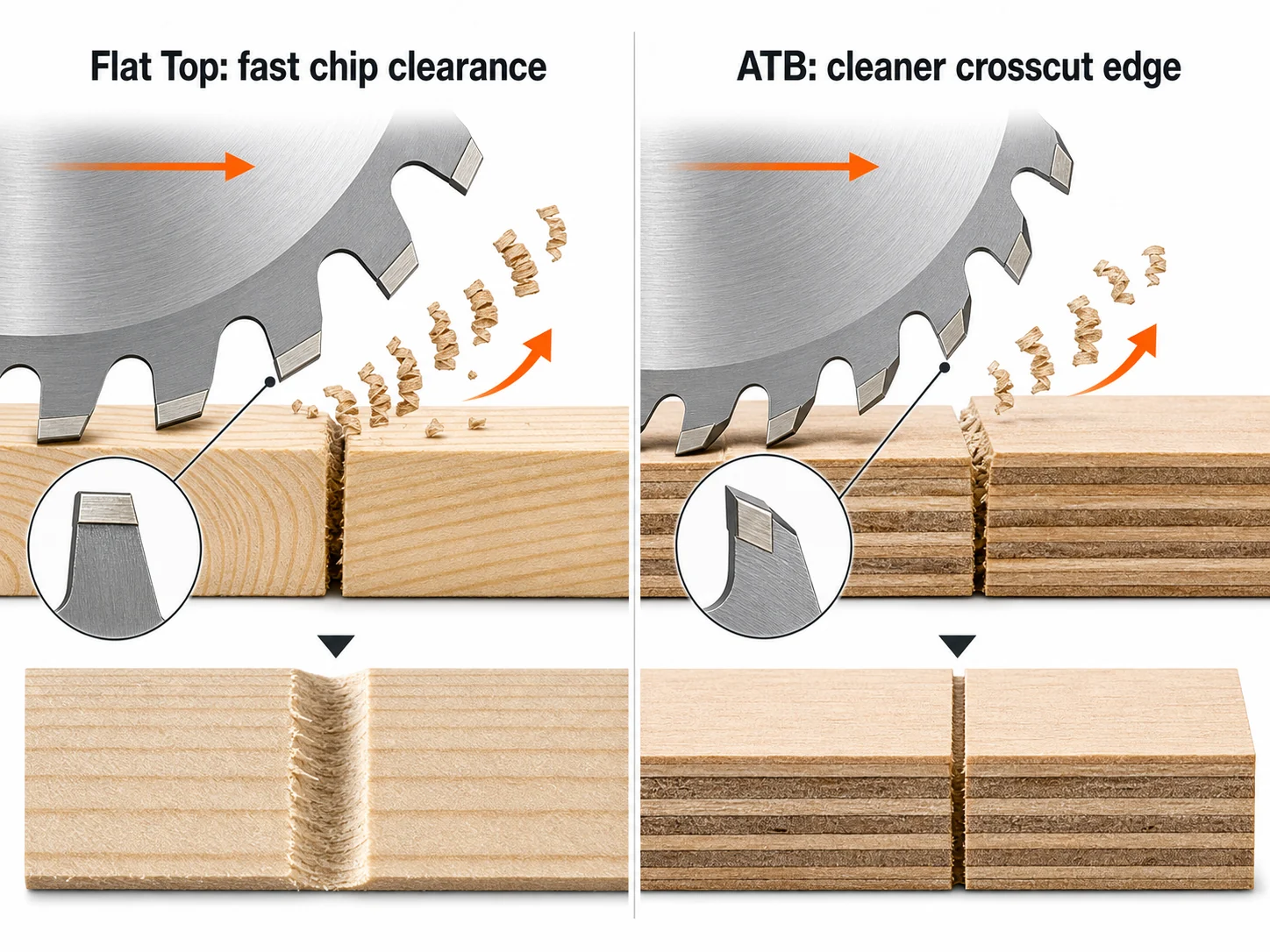 Diagram comparing Flat Top tooth chip clearance and ATB tooth slicing plywood veneer
