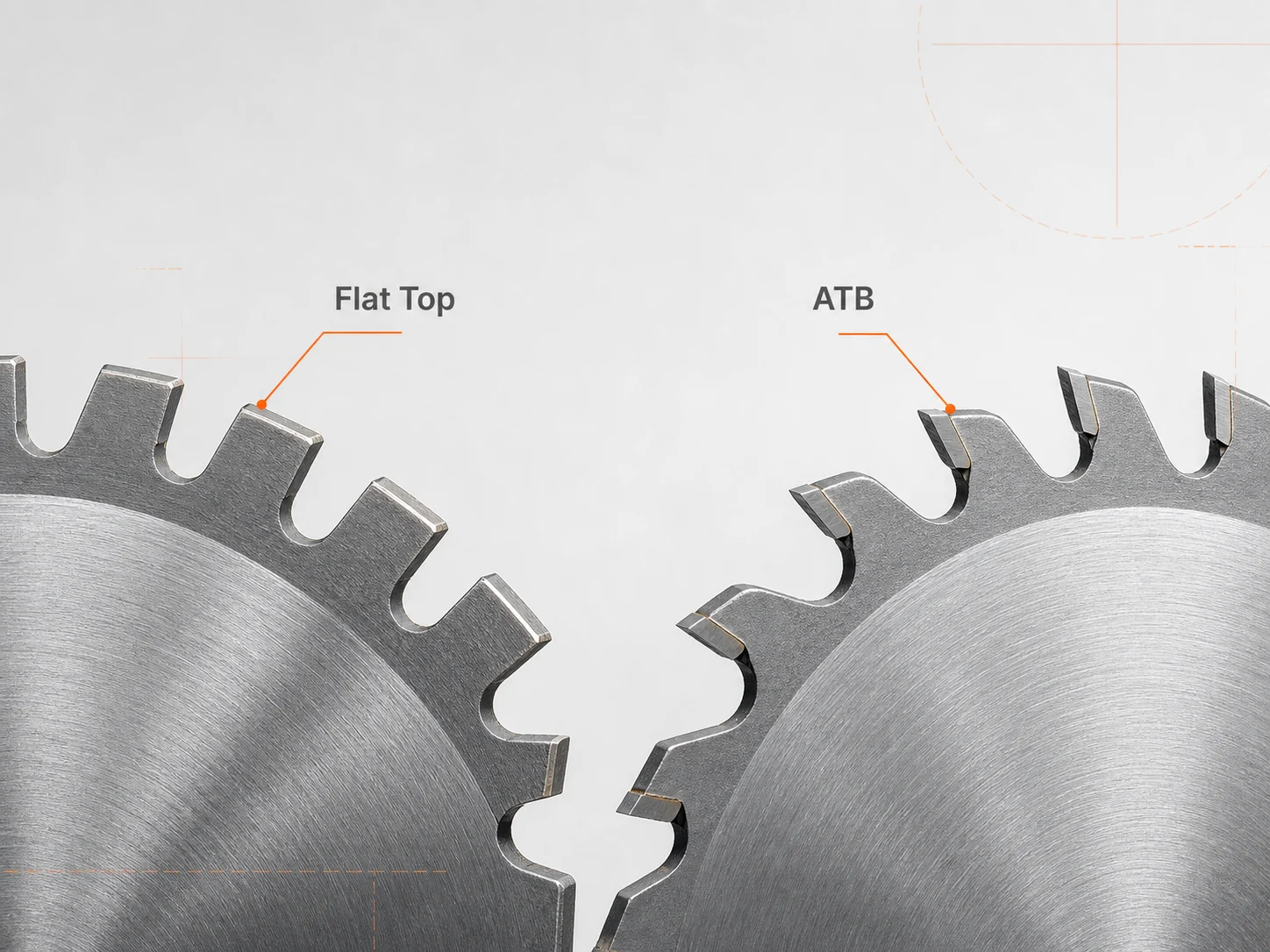 Close up comparison of Flat Top and ATB carbide saw blade teeth