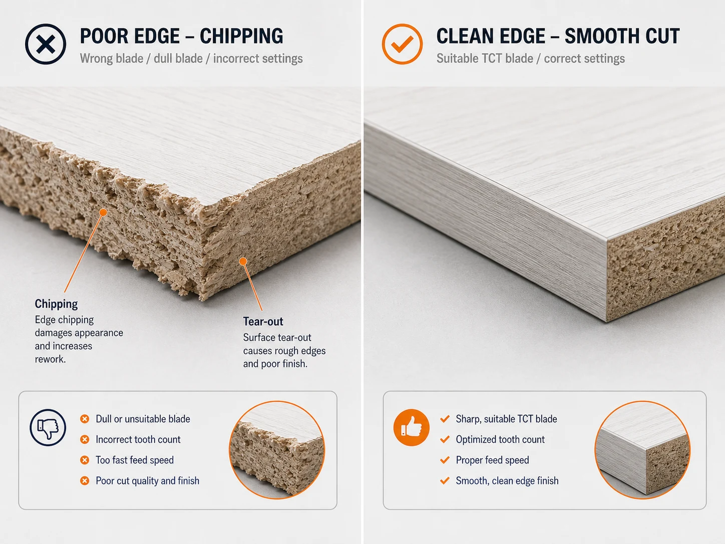 Poor furniture board edge chipping versus clean edge cut by suitable TCT saw blade comparison