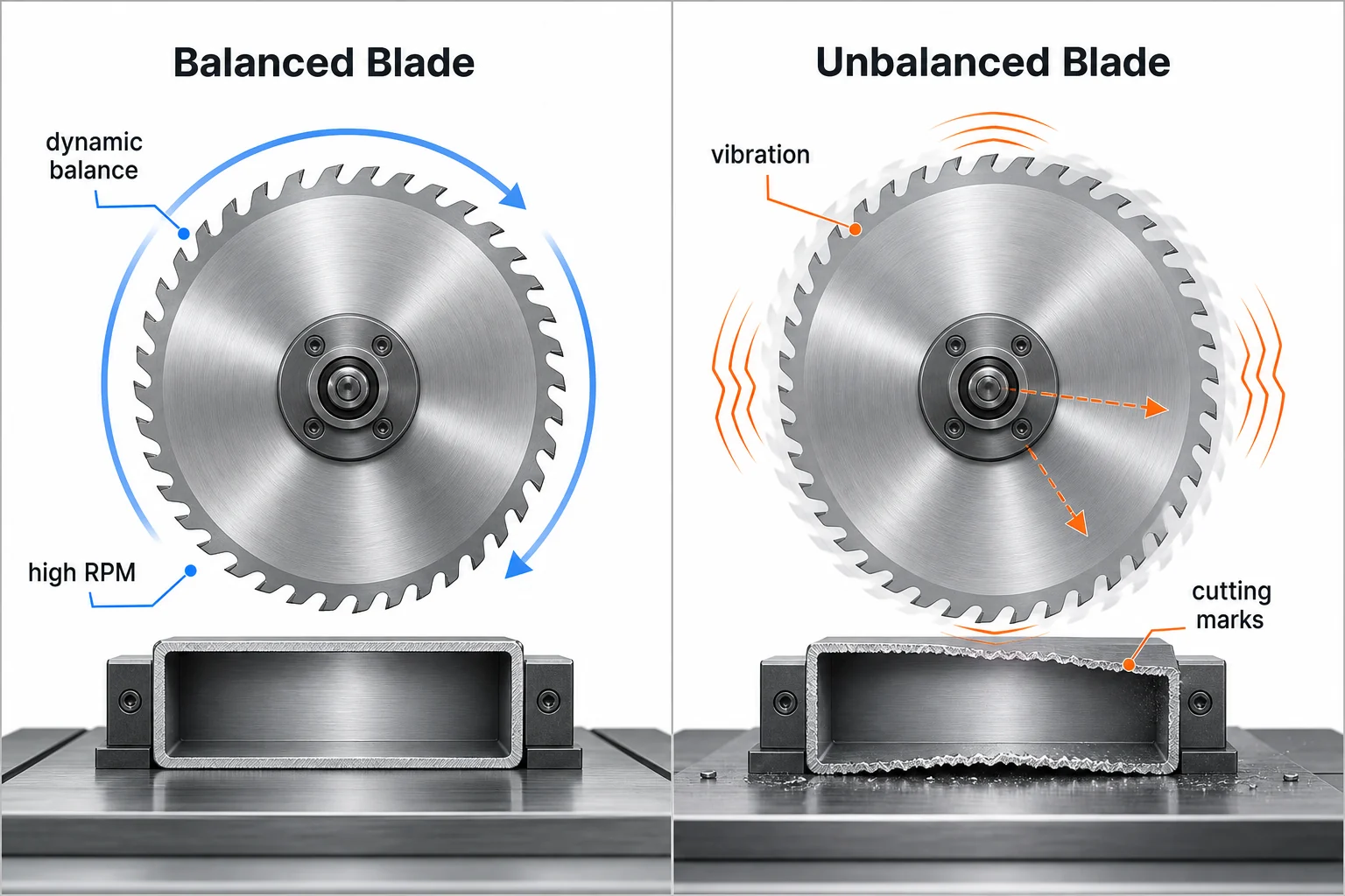 Comparison of balanced and unbalanced circular saw blade rotation at high RPM with vibration and cutting marks