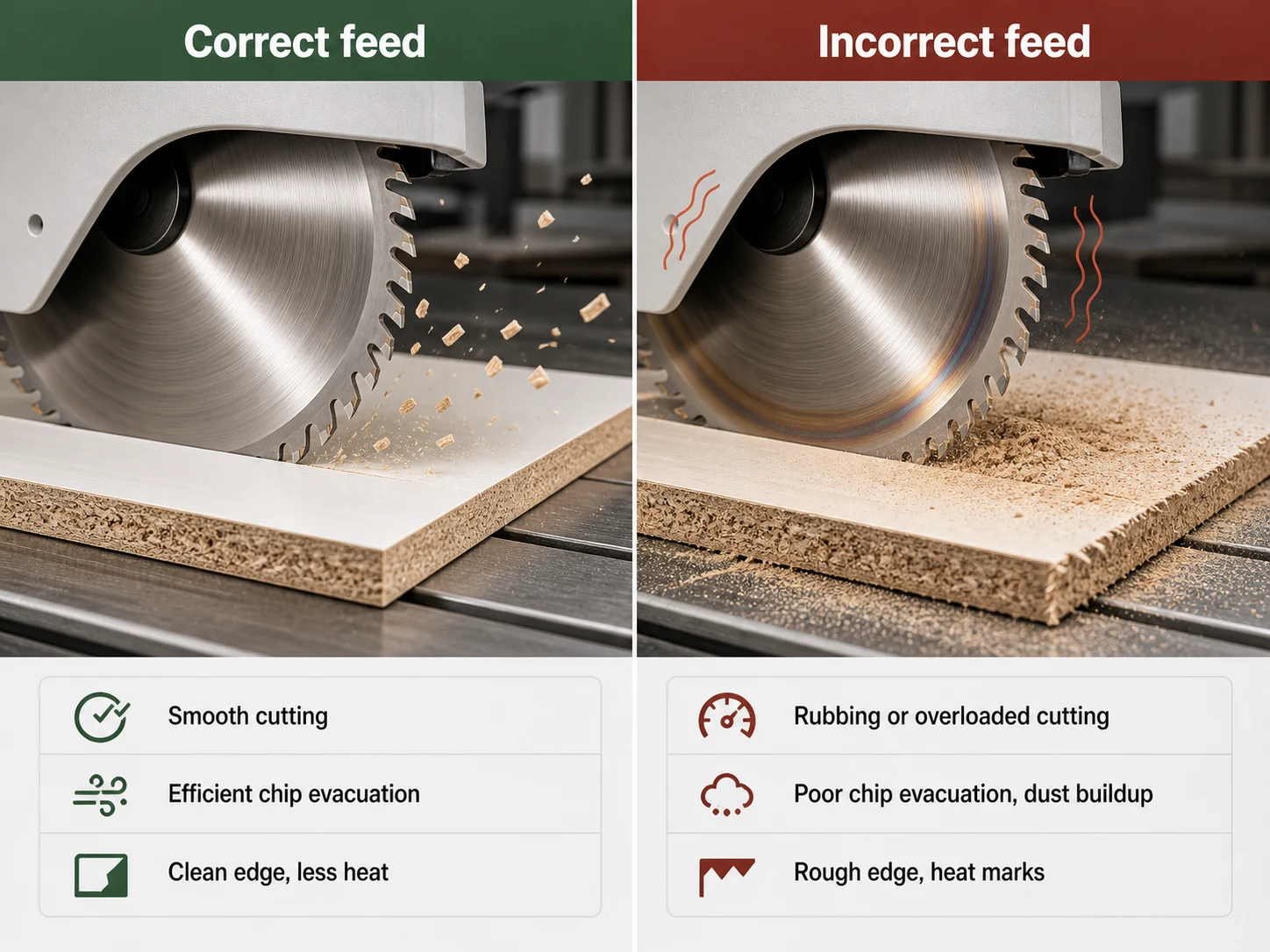 High tooth count circular saw blade correct feed speed versus heat and vibration risk