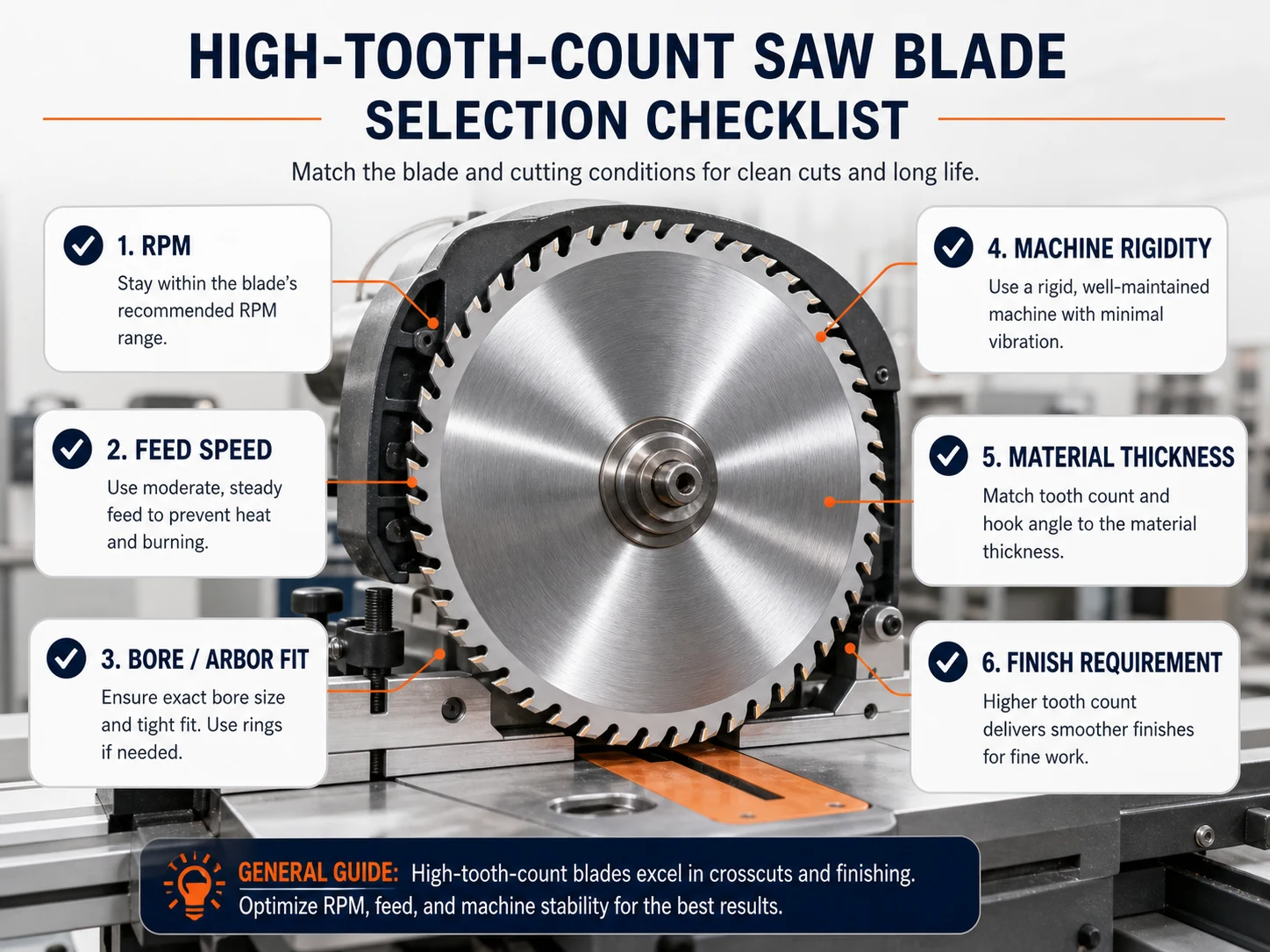 Checklist for matching high tooth count saw blade with machine RPM feed speed bore fit rigidity material thickness and finish requirement