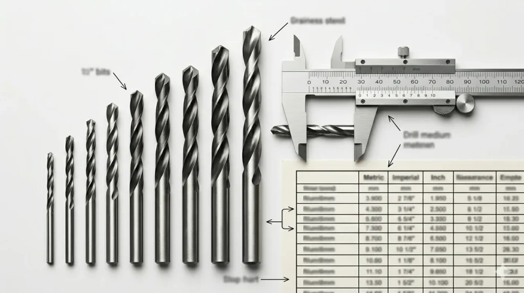 Drill bits arranged by size with caliper and blurred drill bit size chart reference