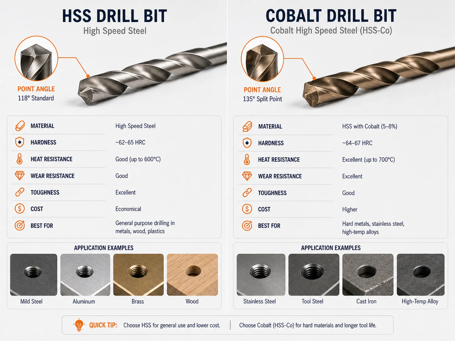HSS drill bits and cobalt drill bits side by side with metal workpiece samples
