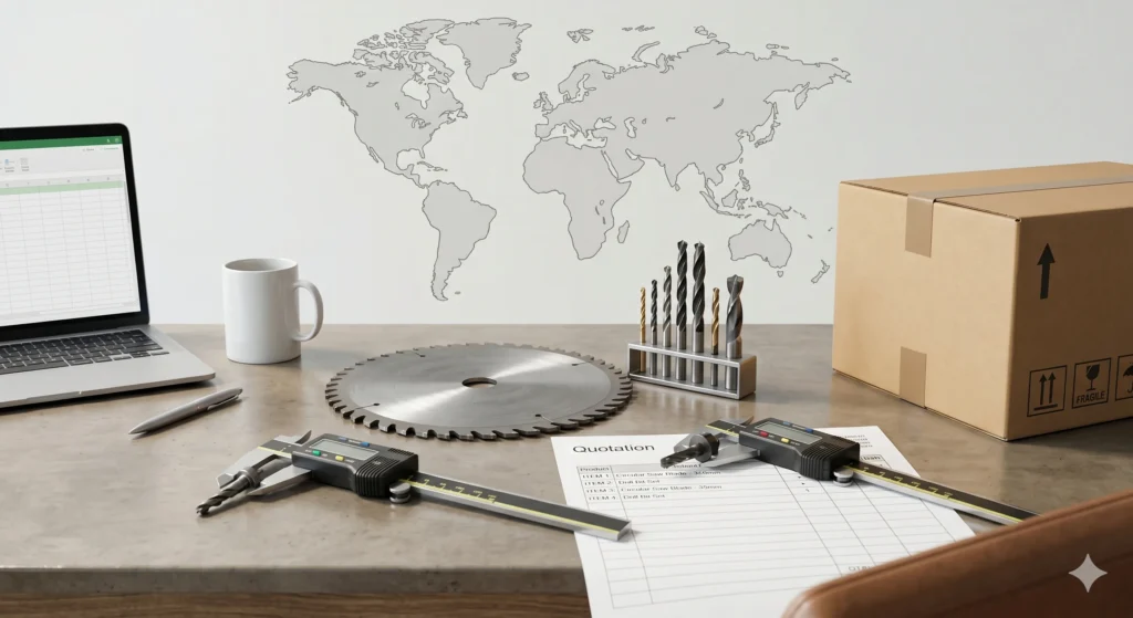 Cutting tools import sourcing desk with saw blade drill bits caliper and export carton